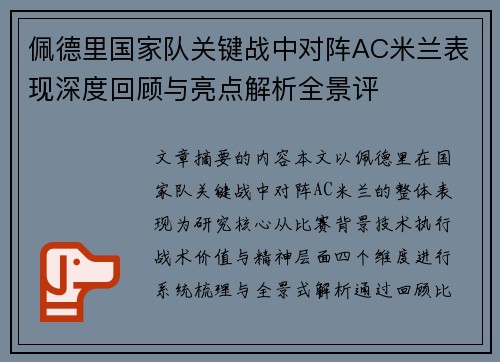 佩德里国家队关键战中对阵AC米兰表现深度回顾与亮点解析全景评